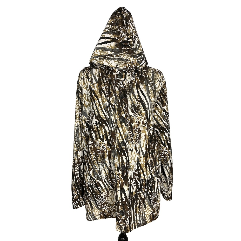 Zenergy By Chicos Animal Print Hooded Button Up Jacket Women's Size 2 Pockets